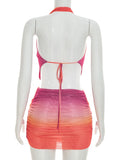 Colorful Gradient Print Dress Women Backless Sleeveless Halter Deep v-Neck Mesh Folds Summer Fashion Mini Bodycon