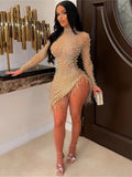 Sexy Pearls Rhinestone Party Dresses Women Elegant Nightclub Feather Birthday Dress Long Sleeve Mesh Sheer Bodycon Dress