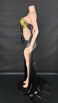 New European American Fashion Y2K Party Sexy Gold Backless Top Slit Long Skirt Floor-Length Feathers Tassels Patterns Beading