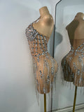 Luxury Crystals Diamonds Evening Party Dress Women Sexy Halter See Through Mesh Birthday Gowns Nightclub Singer Stage Wear