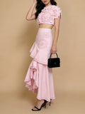 Elegant Pink Two Piece Set for Women Lace Trim Tube Top Asymmetrical Tiered Ruffles Midi Skirt Outfits for Beach Getaways