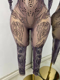 Sparkly Crystals Women Sexy with Sleeves Stretch Mesh See Through Jumpsuit Nightclub Stage Wear Performance Dance Costume