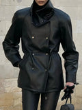 Black Slimming Leather Jacket for Women Lapel Long Sleeve Patchwork Double Breasted Fashionable Coat Female Autumn