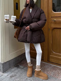 Solid Casual Basics Down Jacket for Women V Neck Long Sleeve Tunic Patchwork Sashes Slimming Elegant Coat Female