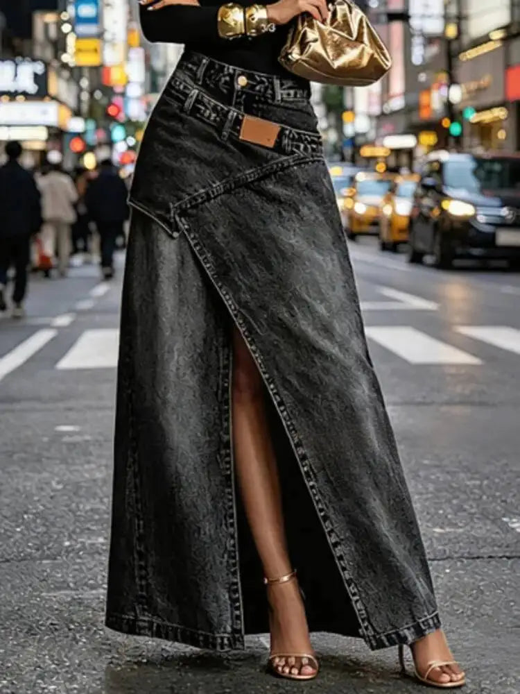 Women Baggy Denim Skirt High Waist Irregular Slit A Line Maxi Casual Fashion Personality Summer 05E03085