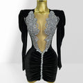 Women's Luxury Rhinestone Glam Low-cut Hip-hugging Black Velvet Dress Fashion Party Performance Gown Robe Femme Chic Et Élégante