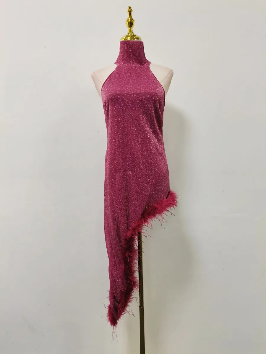 Solid Slim Backless Dresses For Women Round Neck Sleeveless High Waist Spliced Feather Irregular Dress Female New