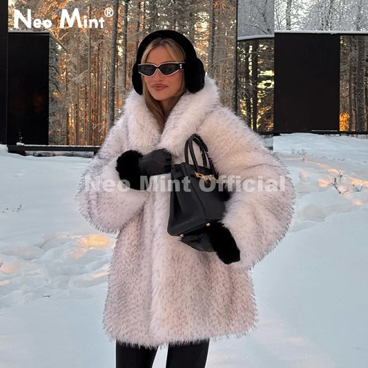 Trendy 2026 Winter Massive Faux Raccoon Fur Coats Women Luxury Fluffy Shawl Collar Fur Jacket Mountain Fashion Overcoat