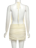 Mesh Mini Dress Women Lace-Up Halter Sexy Backless Pearl Tassel Club Party Ruched Elegant Outfits