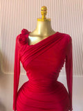 Women Long Sleeve Floral Applique Skew Collar Stacked Ruched Bodycon Midi Dress Vacation Holiday Party Birthday Dresses
