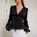 Elegant Summer Tops Women's Fashion Solid V-Neck Lace-Up Long Sleeve Tops New Chic Casual Office Lady Women's T-Shirts