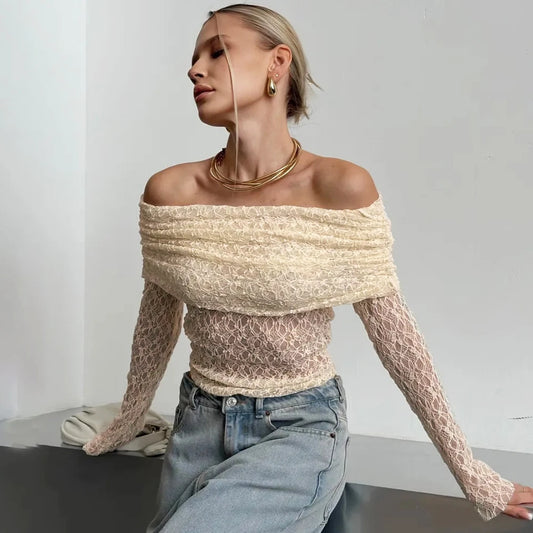Sexy One Shoulder Top Women Fashion Hollow Out See-Through Pleated Lace Top Elegant High Street Party Slim Female Tops