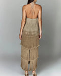 Solid Spliced Tassel Dresses for Women Halter Sleeveless High Waist Temperament Dresses Female Fashion New