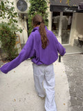 Casual Purple Fleece Jacket Womens Stand Collar Contrast Zip Loose Fit Pockets Coat Fall Winter Sporty Outdoor Streetwear Wear