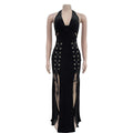 Sexy Halter Backless Velvet Dress Women Lace Up High Side Split Bodycon Maxi Evening Night Club Party Long Dresses Vestidos