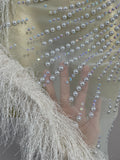New Sparkly Rhinestone Off The Shoulder White Mesh See-Through Long Dress Sexy Eveing Party Birthday Nightclub Stage Costume