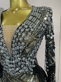 Luxury Birthday Sparkly Diamonds Sequin Tassels Long Sleeves Sheer Mini Dress Evening Party Sexy Mesh Nightclub Photo Shoot Wear