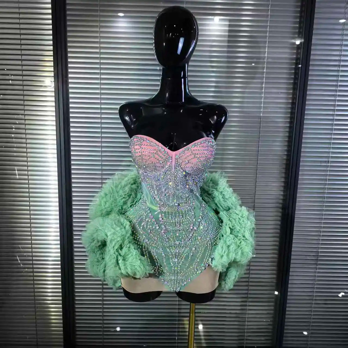 Mint Color Women Sexy Strapless Shining Rhinestones Ball Gown Mini Dress Cute Celebrate Birthday Party Performance Costumes