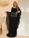 Beaded Spliced Folds Temperament Dresses For Women Square Collar Extra-Long Sleeves Patchwork Dress Female Clothing