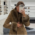 Retro Suede Faux Fox Fur Collar Blazer Coat Long Sleeve Double Breasted Fluffy Furs Cuff Women Fashion Jacket 2026 Chic Outfits