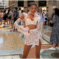 Sexy Lace Hollow Out Skirt Sets Women Crop Flare Sleeve Tops See Through Hip Package Mini Skirts 2026 Summer Lady Party Outfits