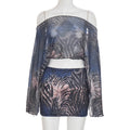 Y2K 2 Piece Set Women Tiger Str Slanted Shoulder Split Sleeve Mesh Crop Tops+Peach Hip Skirts Matching Street Outfits