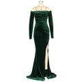 Padded Velvet High Slit Off Shoulder Evening Party Long Dress Women Long Sleeve Bodycon Vestidos Lady Ruched Clothing
