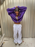 Casual Purple Fleece Jacket Womens Stand Collar Contrast Zip Loose Fit Pockets Coat Fall Winter Sporty Outdoor Streetwear Wear