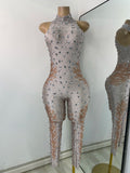 Women Sexy Spandex Rhinestones Sleeveless Tight Jumpsuit Celebrate Birthday Evening Club Rompers Photo Shoot Wear