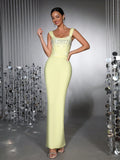 Elegant Banquet Party Gowns Bandage Women's Diamond Sleeveless Off Shoulder Tight Long Dress Solid Celebrity Evening Club