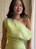 Womem One Shoulder Slim Fit Midi Dress Formal Ruched Waist Draped Detail Elegant Vestidos 2026  New Lady Holiday Street Dresses