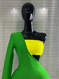 Women Sexy Dress One Shoulder Color Block Long Sleeve Bodycon Celebrity Club Birthday Evening Party Dress