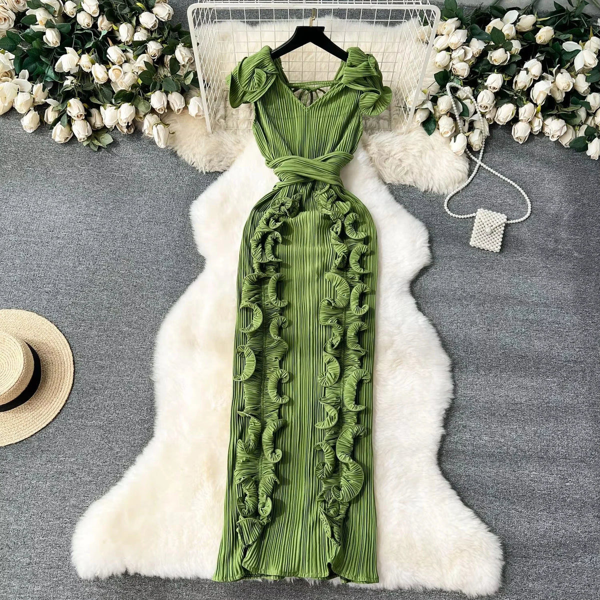 Women Ruffles Splicing V-neck Sleeveless Bodycon Midi Pleated Maxi Long Dress  Birthday Sexy Club Party Even Dresses