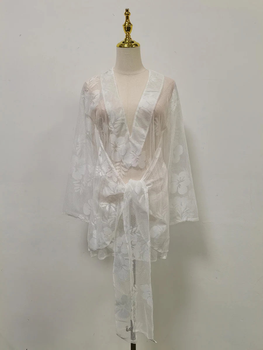 Solid Losoe Spliced Sheer Fashion Bloues for Women V Neck Long Sleeves Patchwork Lace Elegant Top Female Clothing
