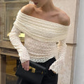 Chic Off The Shoulder Apricot Jacquard Knit T Shirt for Women Slimming Long Sleeve Ruched Design for Romantic Dates