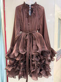 Ruffled Mock Neck Mini Dress for Women Tie Neck Long Sleeve Flare Cuff Self Tie Sash Waist Tiered Ruffle for Party Occasions