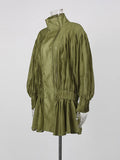 Olive Green Elegant Pleated Dress Women Fashion Solid Stand Neck Lantern Sleeve Double Breasted Loose Mini Dress Women