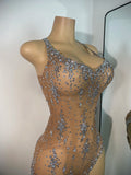 Women Sexy Sleeveless Rhinestones Chic Evening Gown Mesh See Through Performance Dance Costume Singer Stage Wear