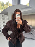 Women Brown Faux Fur Trim Suede Jacket Tie Belt Lapel Collar Long Sleeve Casual Chic Fall Winter Lady Commute Warm Outerwear New