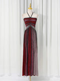Colorblock Striped Holiday Long Dresses for Women Halter Sleeveless Slimming High Waist Backless Temperament Dress Female