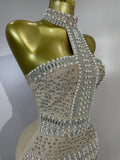 Woman Evening Party Club Cocktail Luxury Birthday Dresses Sparkly Diamonds Pearl Feathers Sleeveless Bodycon Short Bandage Dress