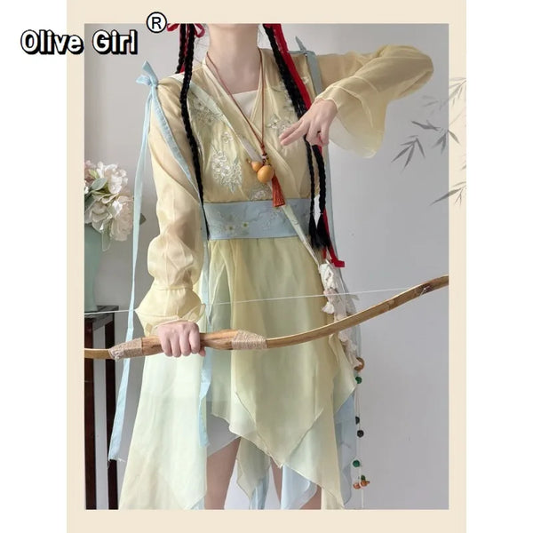 Olive Girl Yellow Flowing Sleeve Fairy Dress for Ren Faire 2026 Garden Wedding Fairycore Photoshoot Everyday Wear S-L XS-3XL Plus Size Flowing Sleeve Dramatic Silhouette Romantic Editorial Not Costume Chinese Heritage Fashion Women