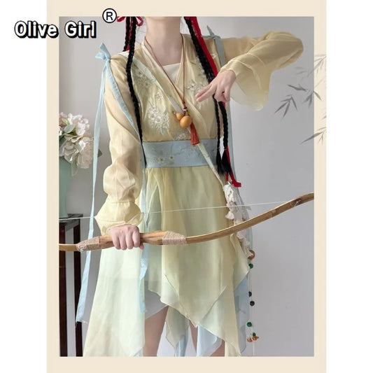 Olive Girl Yellow Flowing Sleeve Hanfu Dress for Ren Faire 2026 Garden Wedding Fairycore Photoshoot Everyday Wear S-L XS-3XL Plus Size Chinese Heritage Fashion Women