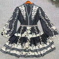 Vintage Indie Folk Style Print Dress for Women V Neck Three Quater Sleeves Patchwork Hollow Out Tiered Dresses Female New