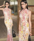High End Dress Chinese Gradient Printed Sleeveless Lace Cheongsam Qipao Slim Sexy Long Dresses Women's Clothes Daily Qipao