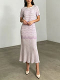 Elegant Two Piece Set For Women Multi Color Hollow Wave Knit Short Sleeve Crew Neck Scallop Hem Maxi Skirt For Daily Commute