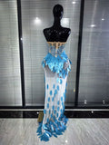Skyblue Pink Women Sexy Strapless Shining Rhinestones Mesh Bodycon Mermaid Dress Celebrate Birthday Party Cocktail Outfit