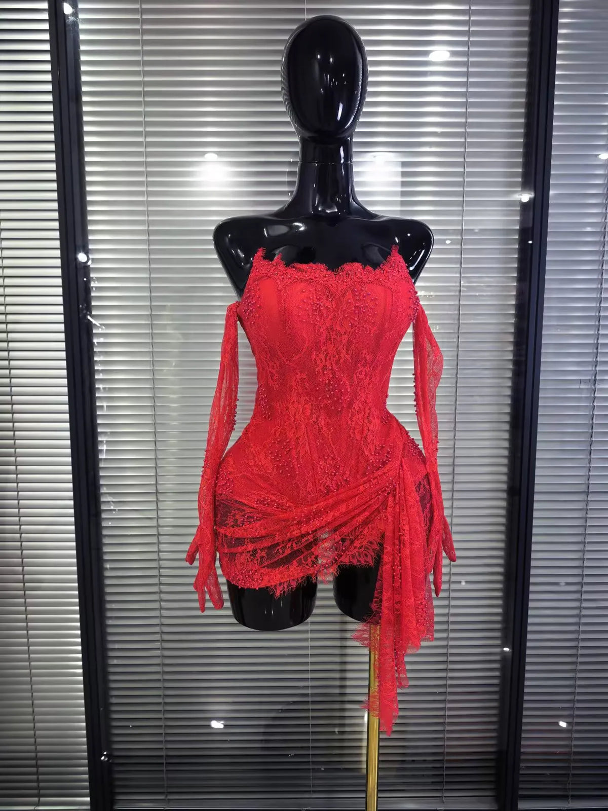 Red White Women Sexy Strapless Lace Bodycon Mini Dress With Gloves Celebrate Nightclub Party Birthday Photoshoot Wear