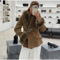 Retro Suede Faux Fox Fur Collar Blazer Coat Long Sleeve Double Breasted Fluffy Furs Cuff Women Fashion Jacket 2026 Chic Outfits