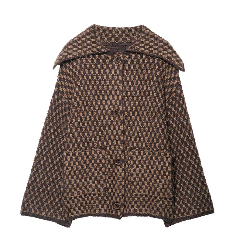 Women's Brown Knitted Cardigan Fashion Turn Down Collar Single Breasted Pockets Sweater Lady 2025 Autumn Casual Street Outerwear